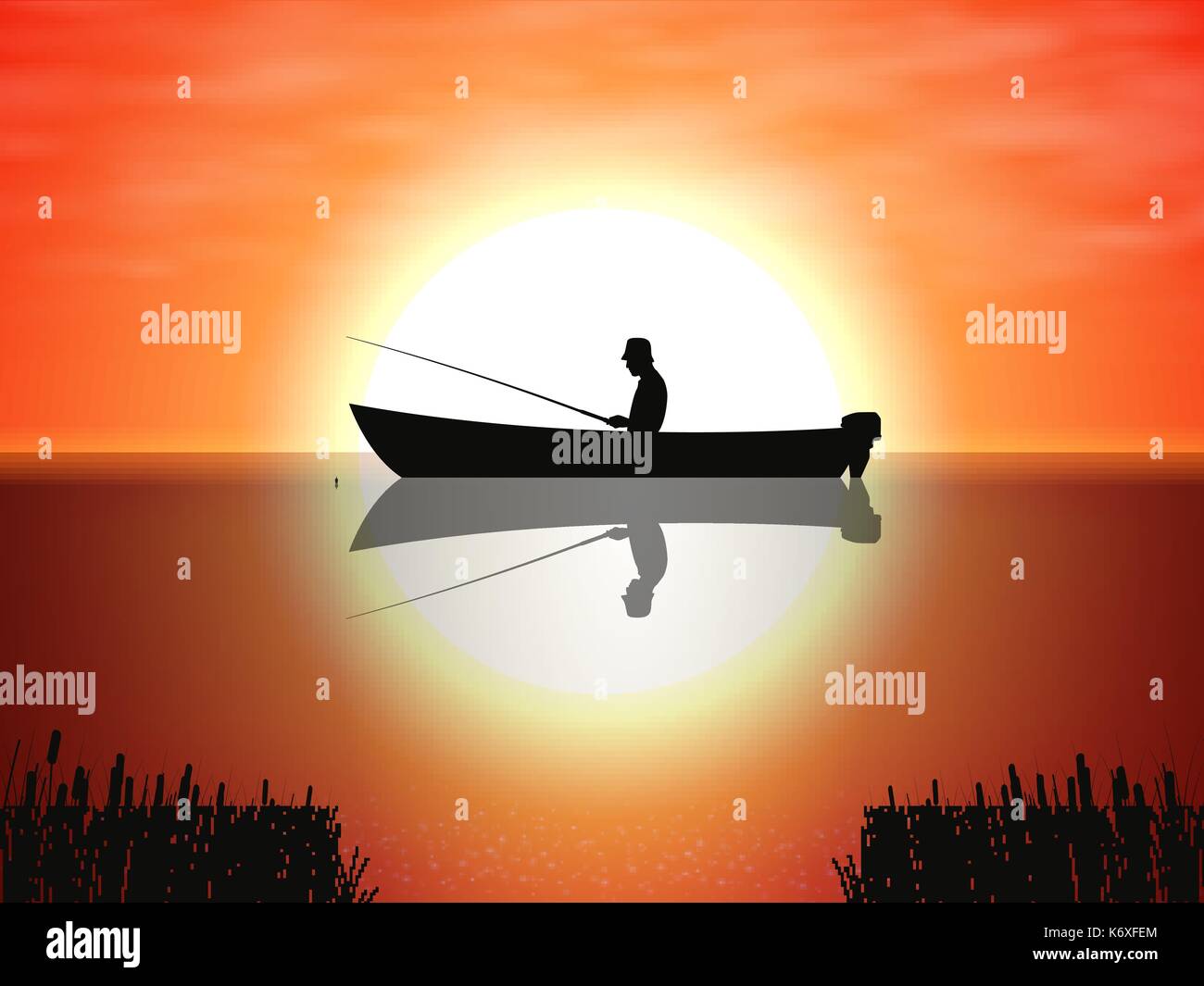 Pêcheur sur fond vecteur voile coucher du soleil Illustration de Vecteur