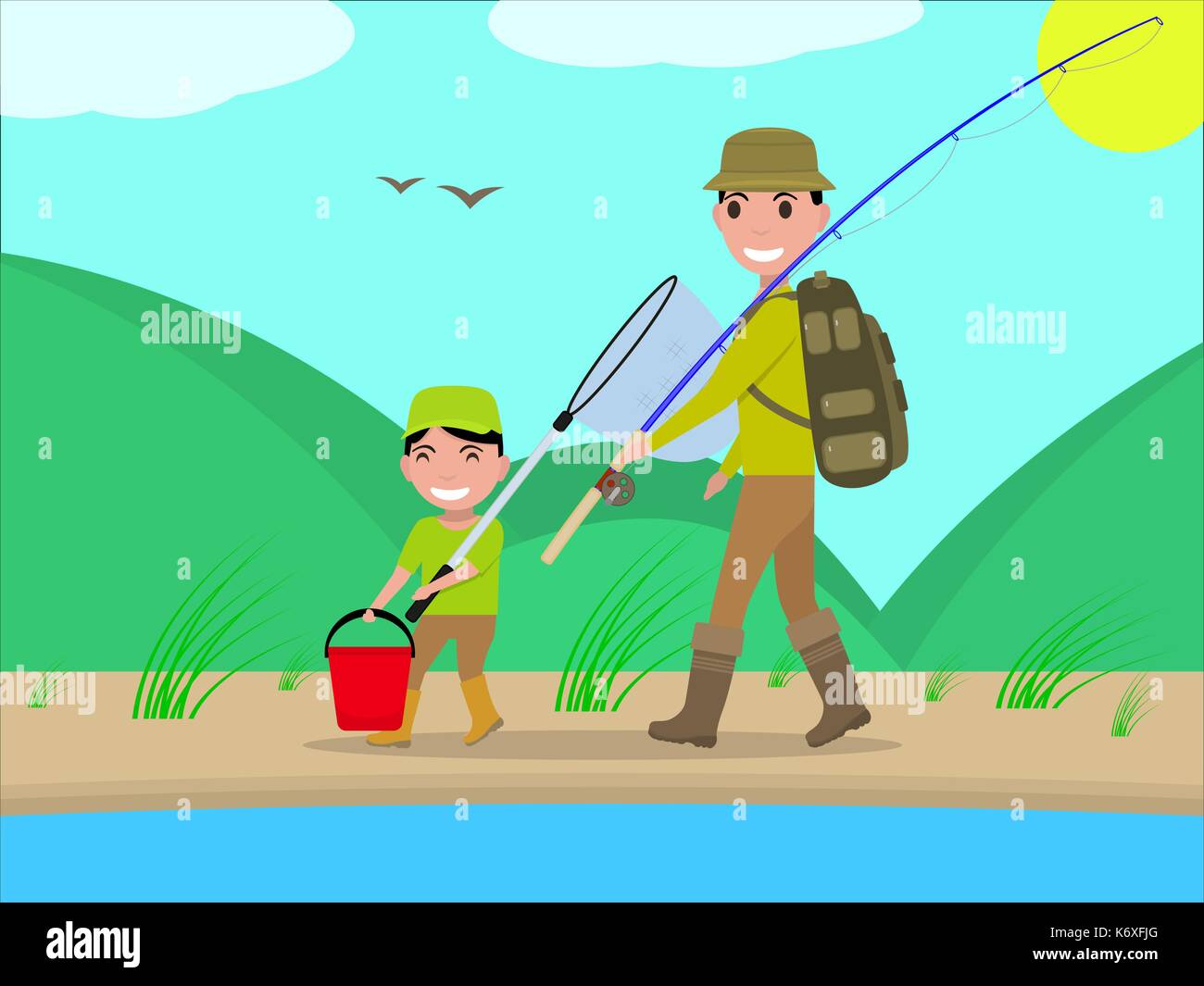 Vector cartoon père et fils, rendez-vous sur voyage de pêche Illustration de Vecteur