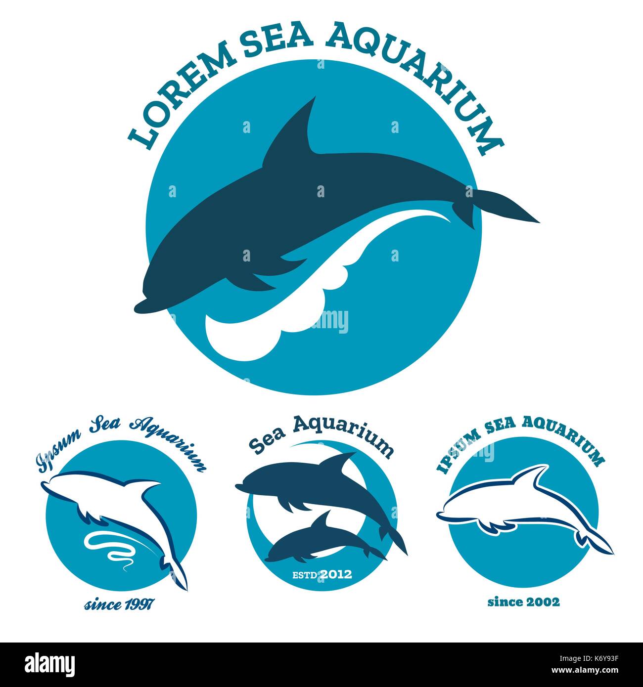 Ensemble d'aquarium de mer signe logo isolated on white. jumping dolphin les emblèmes de l'illustration vectorielle. Illustration de Vecteur