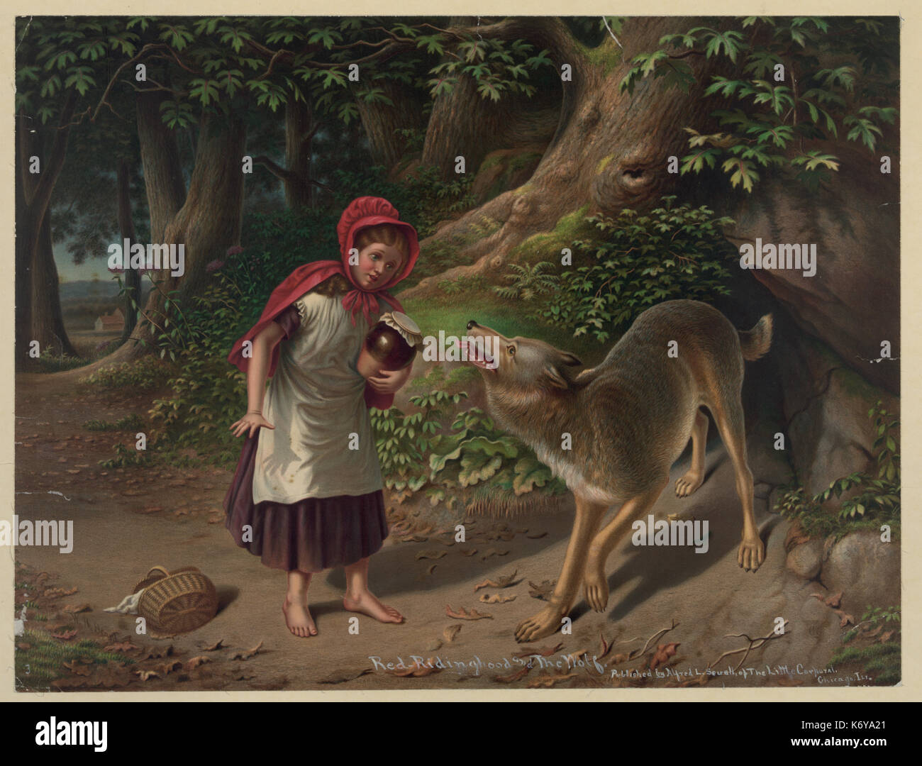 Imprimer montrant la rencontre entre l'héroïne de conte de fées Le Petit Chaperon Rouge et le loup, 1898. Banque D'Images
