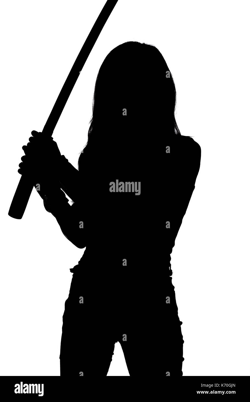 Silhouette de femme avec épée samouraï on white Banque D'Images