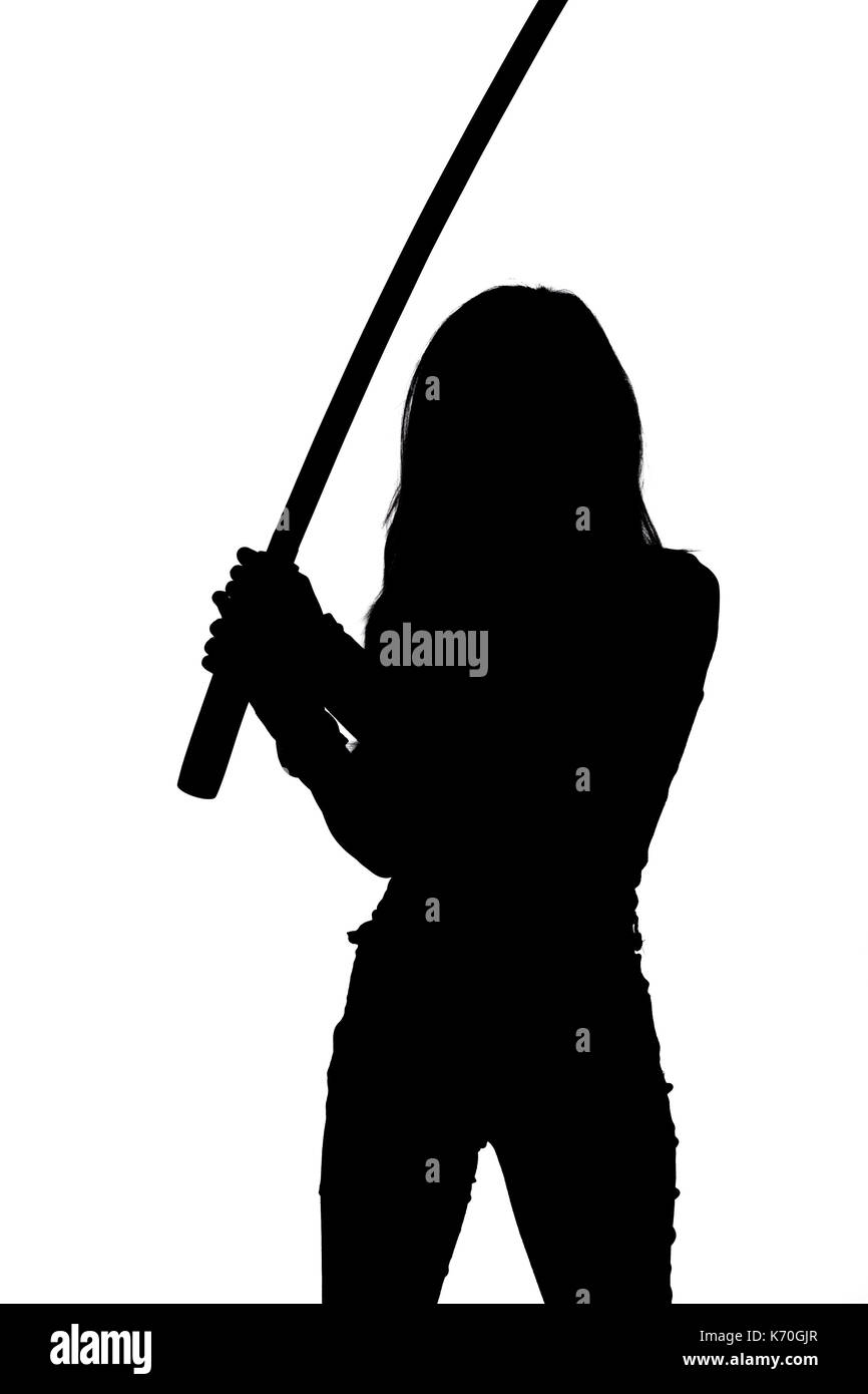 Silhouette de femme avec épée samouraï on white Banque D'Images