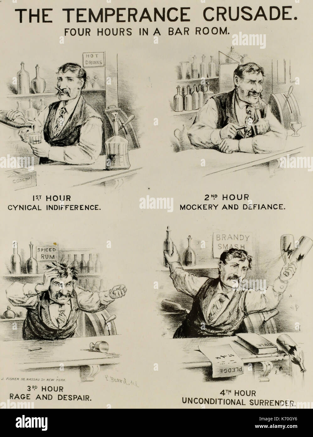 19ème siècle affiche - Tempérance' quatre heures dans une salle de bar' décrivant les méfaits de la boisson forte. Banque D'Images
