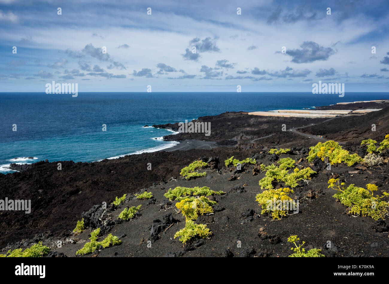 Salinas de Fuencaliente, Fuencaliente. La Palma. Une vue le long de la côte de la pierre de lave avec un peu de végétation en premier plan devant les plages et mer bleue profonde sous ciel bleu. De petits nuages dans le ciel est un ciel dramatique. Fort ensoleillement cuit la végétation clairsemée sur ce paysage aride. Banque D'Images