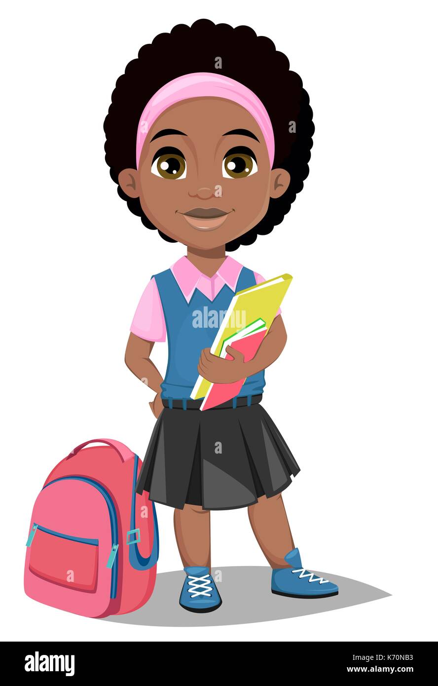 Retour à l'école. Cute girl Afro avec des livres dans les tenues se trouve près de sac. Jolie petite écolière. Joyeux personnage. Vect Illustration de Vecteur