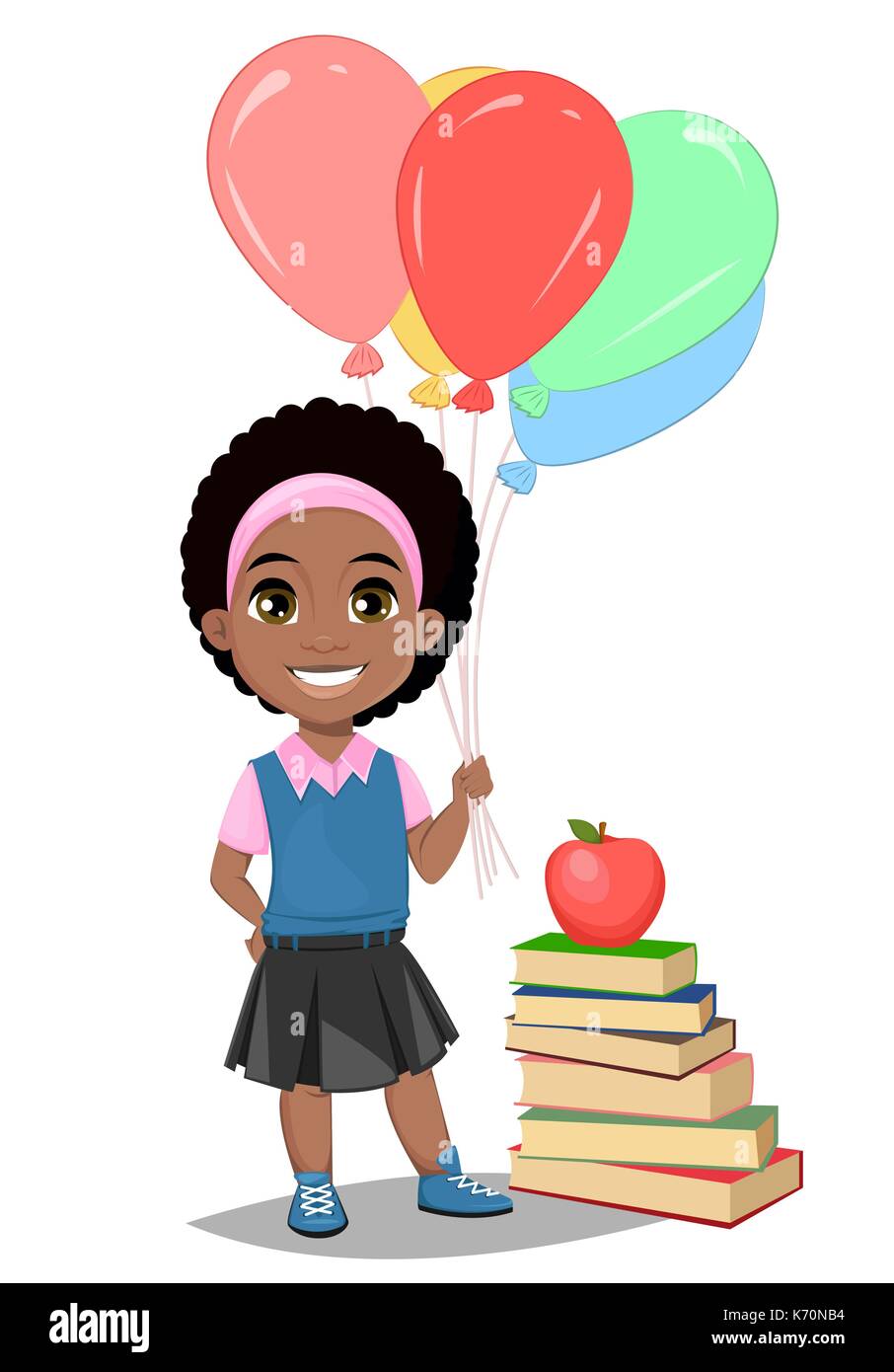 Retour à l'école. Cute girl afro dans les tenues avec des ballons d'hélium, debout près de la pile de livres. Jolie petite écolière. Illustration de Vecteur