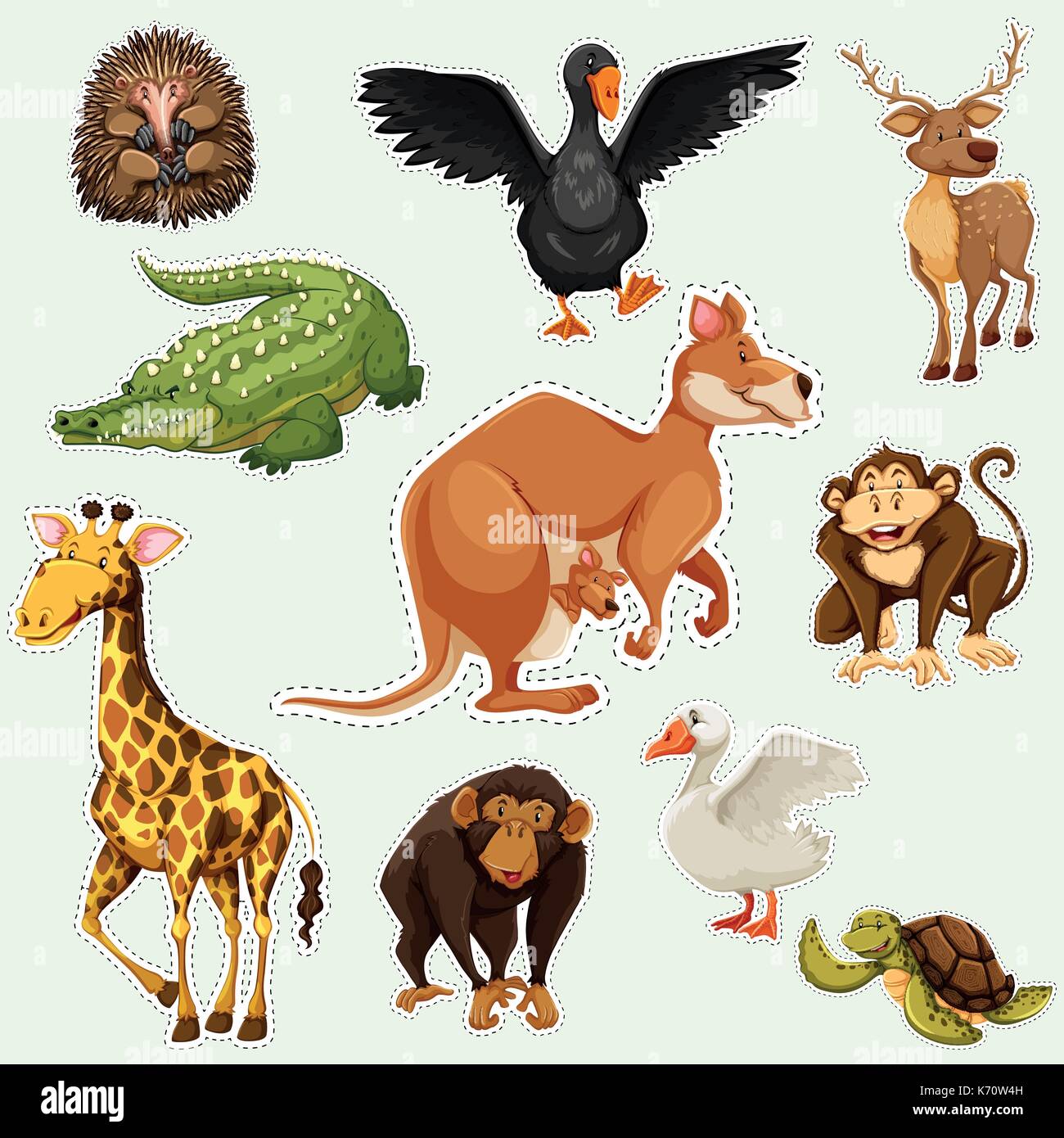 Sticker design avec animaux sur vert illustration Illustration de Vecteur