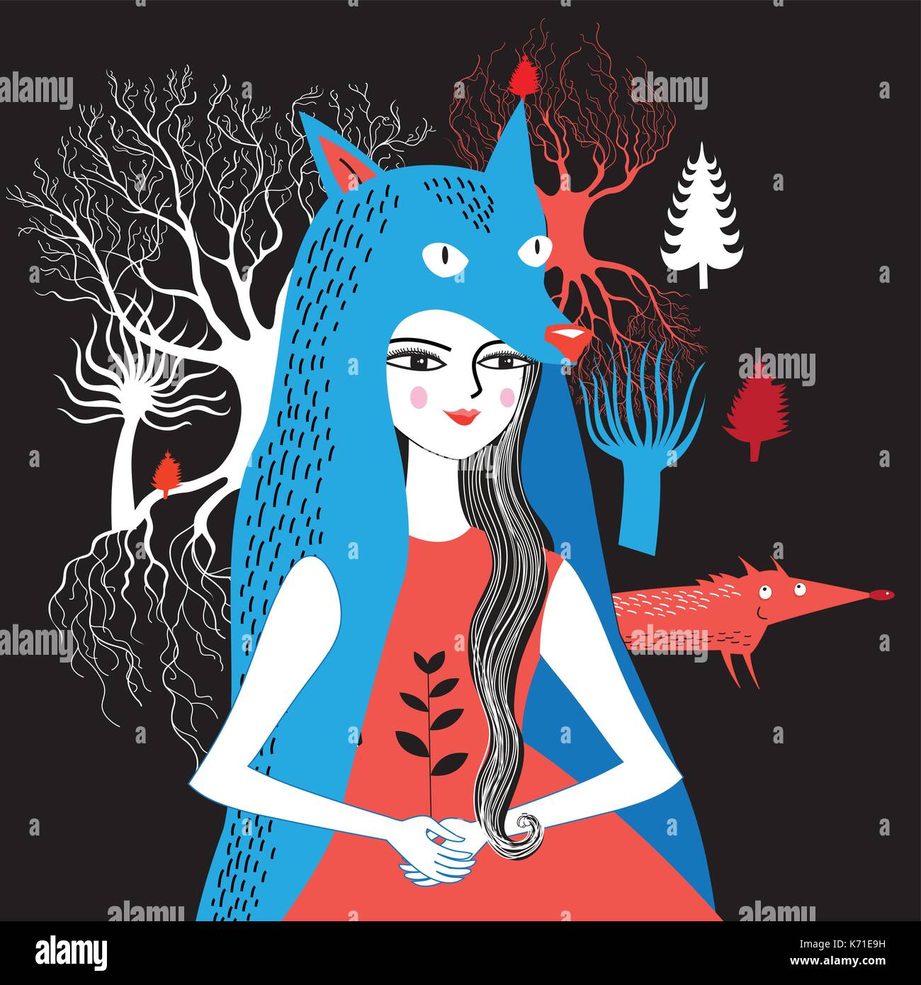 Graphique fabuleux portrait de la fille loup personnification de la nature Illustration de Vecteur