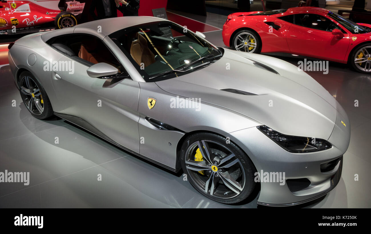 Francfort, Allemagne. 13 Sep, 2017. Voiture de sport Ferrari Portofino première mondiale au Salon de l'automobile IAA de Francfort 2017. Credit : JLBvdWOLF/Alamy Live News Banque D'Images