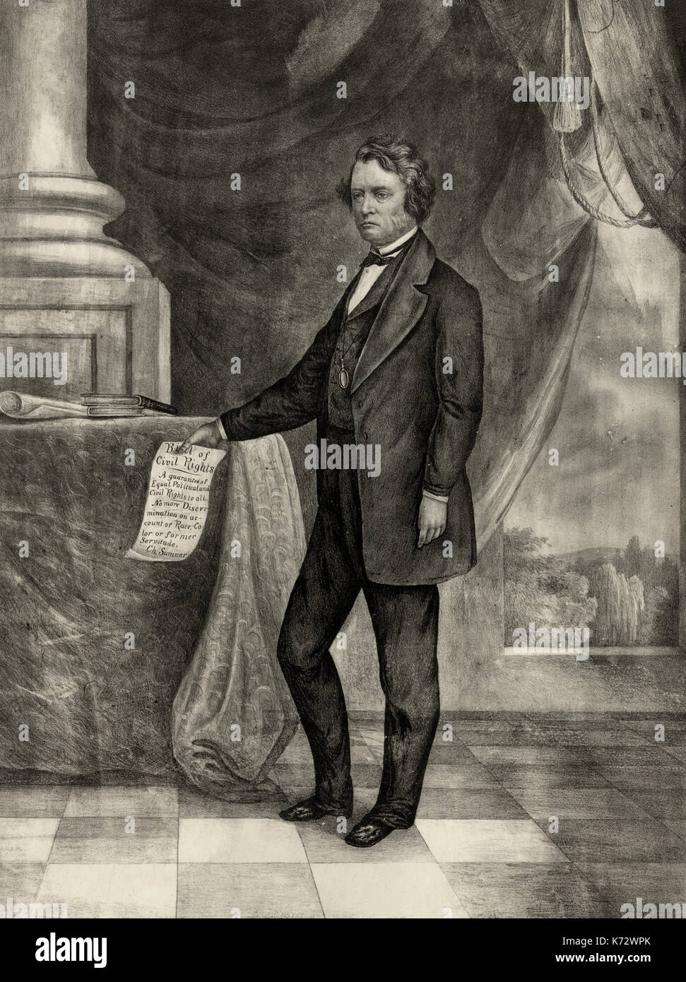 Charles Sumner, sénateur du Massachusetts, portrait en pied, debout, face à la gauche, holding 'Charte des droits civils" dans la main droite, vers 1874 Banque D'Images