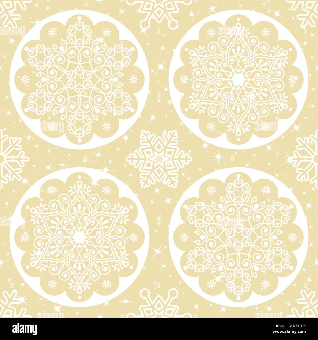 Vecteur de Noël blanc - motif folklorique mandala flocon de conception sans couture sur fond d'or, Noël de style scandinave, papier peint du papier d'emballage ou texti Illustration de Vecteur