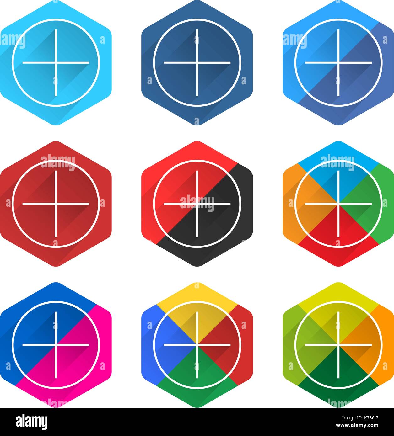 9 populaire réseau social icon set avec signe plus en cercle avec diagonale longue ombre. bouton web hexagonal sur fond blanc. télévision simple et propre lisse Illustration de Vecteur