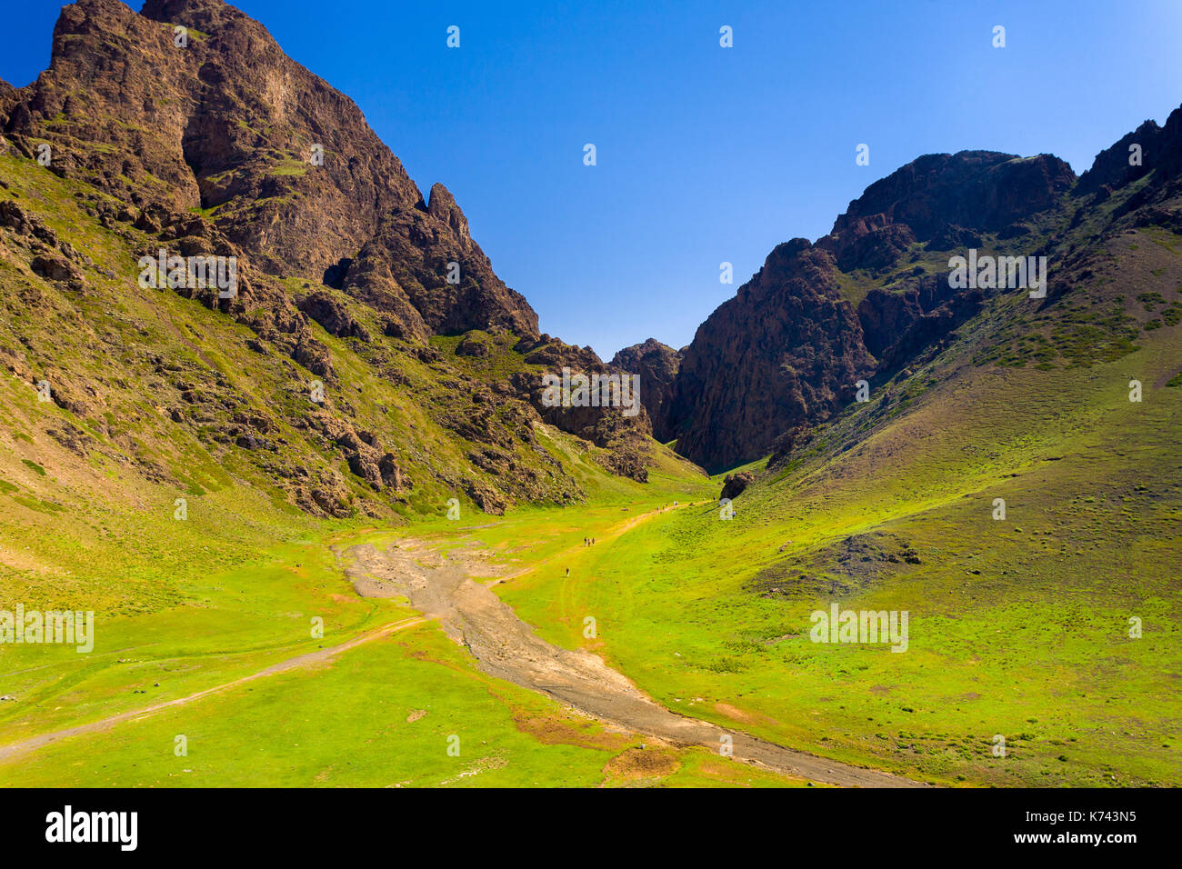 Les touristes en randonnée dans un magnifique Eagle Valley ou yolyn am également connu sous le nom de gorge vautour niché entre les montagnes du sud de la Mongolie. Banque D'Images