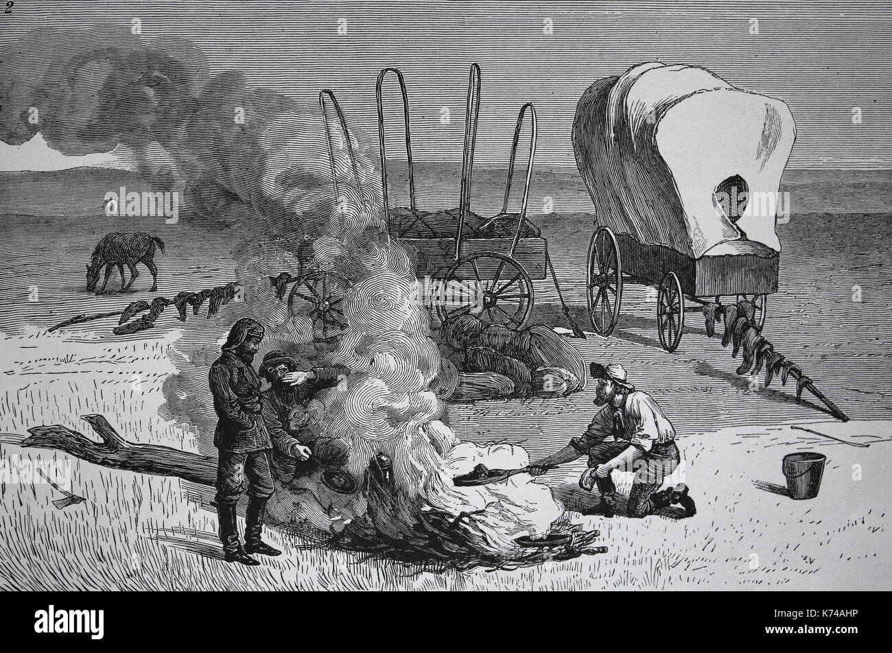 USA. La chasse aux bisons. L'Ouest américain. Un bufallo hunter's camp dans le Kansas. Gravure, 1877. Le graphique. Banque D'Images
