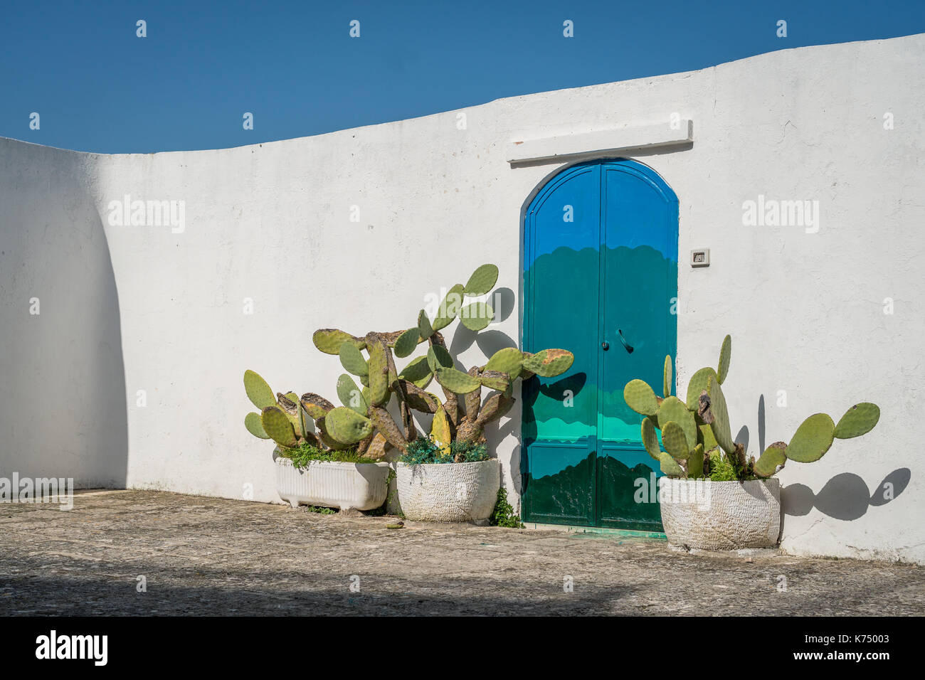 Cactus en avant du mur blanc et porte de la méditerranée, Ostuni, italie Banque D'Images