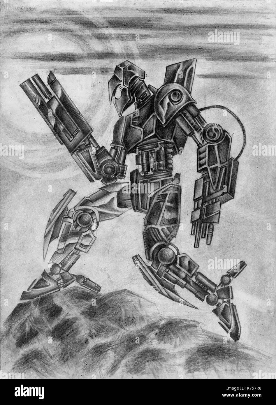 Robot noir combat. la science-fiction illustration en noir et blanc couleurs. freehand dessin au crayon. Banque D'Images