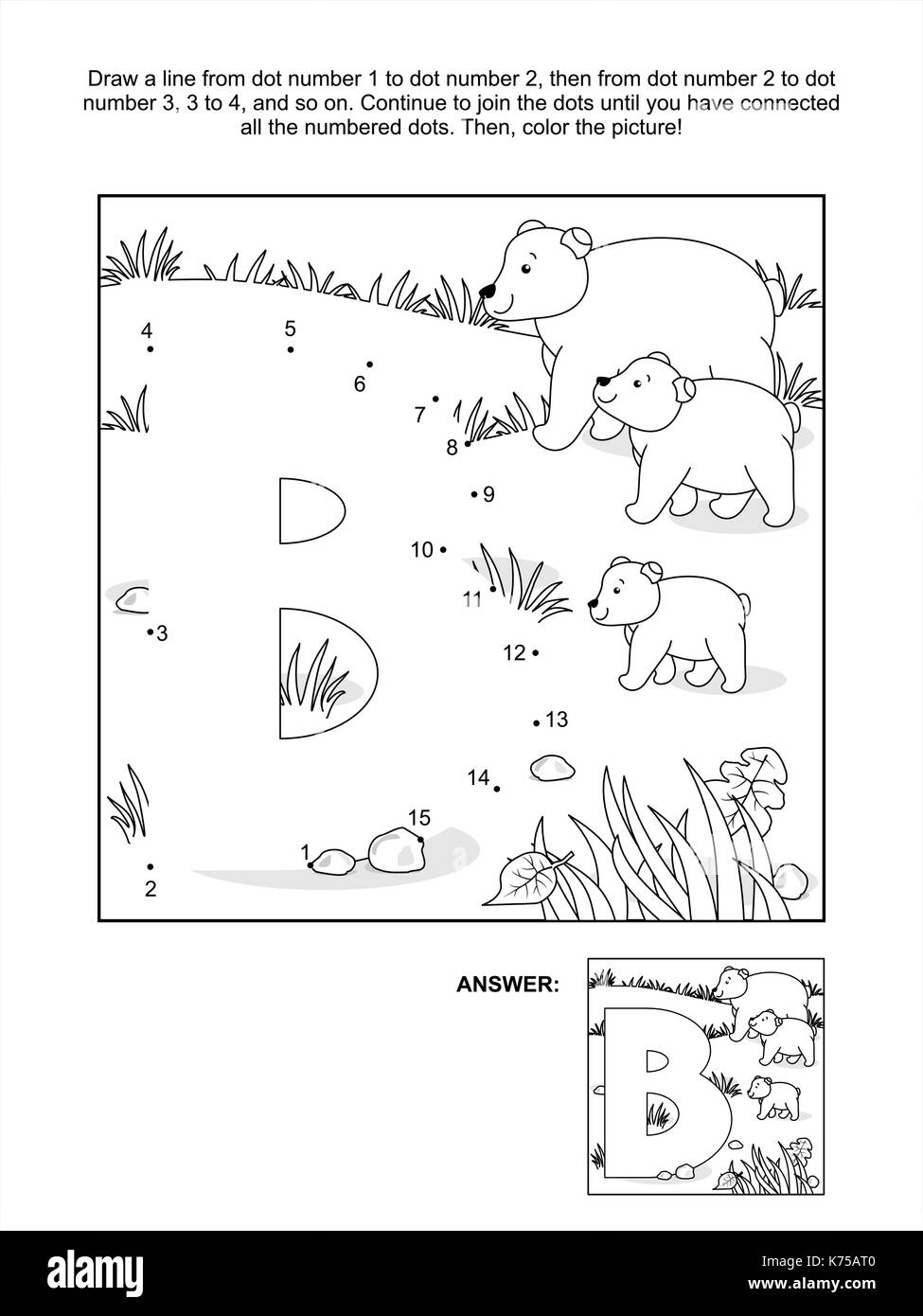 Relier les points d'enseignement photo puzzle et coloriage - lettre b et l'ours. réponse inclus. Illustration de Vecteur
