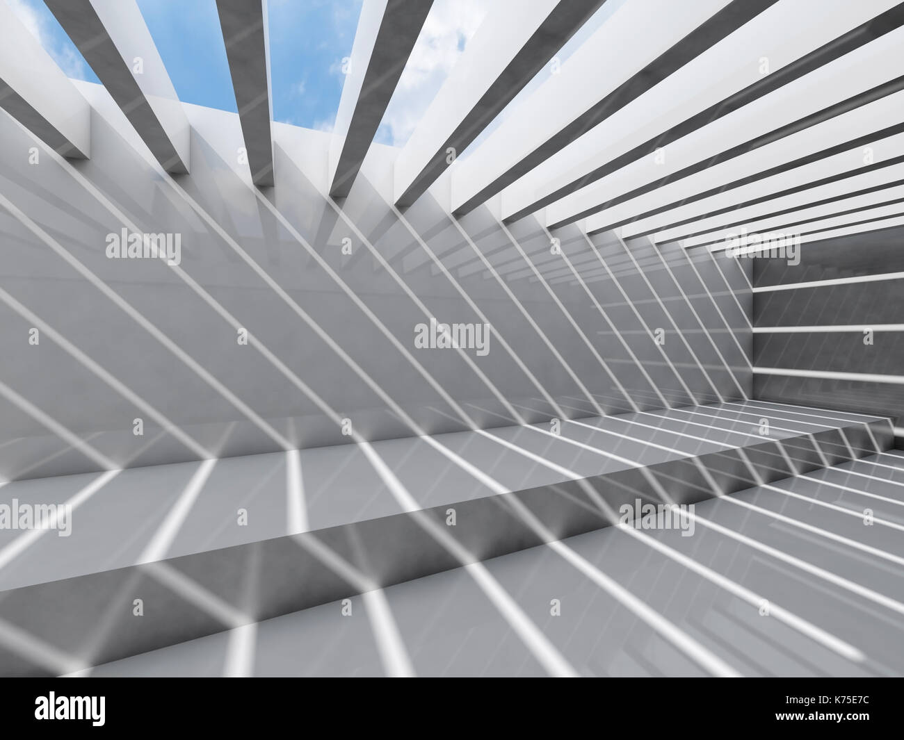 Résumé de l'intérieur une salle vide avec l'éclairage de plafond et motif à rayures d'ombres et de rayons lumineux, l'arrière-plan 3d illustration Banque D'Images