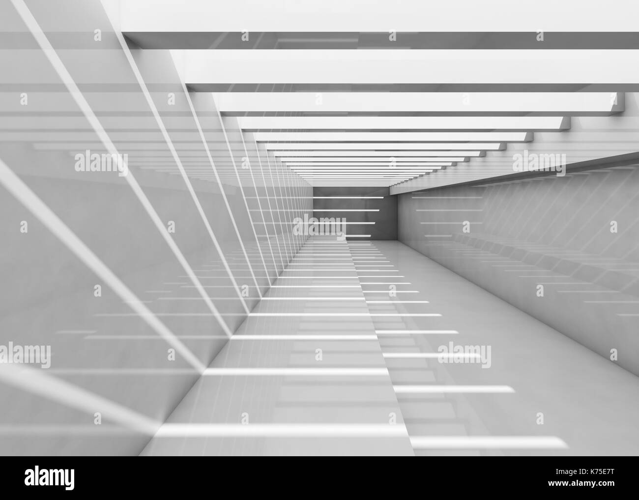 Résumé de l'intérieur blanc vide. couloir avec plafond en éclairant le motif à rayures et des faisceaux de lumière, l'arrière-plan 3d illustration Banque D'Images