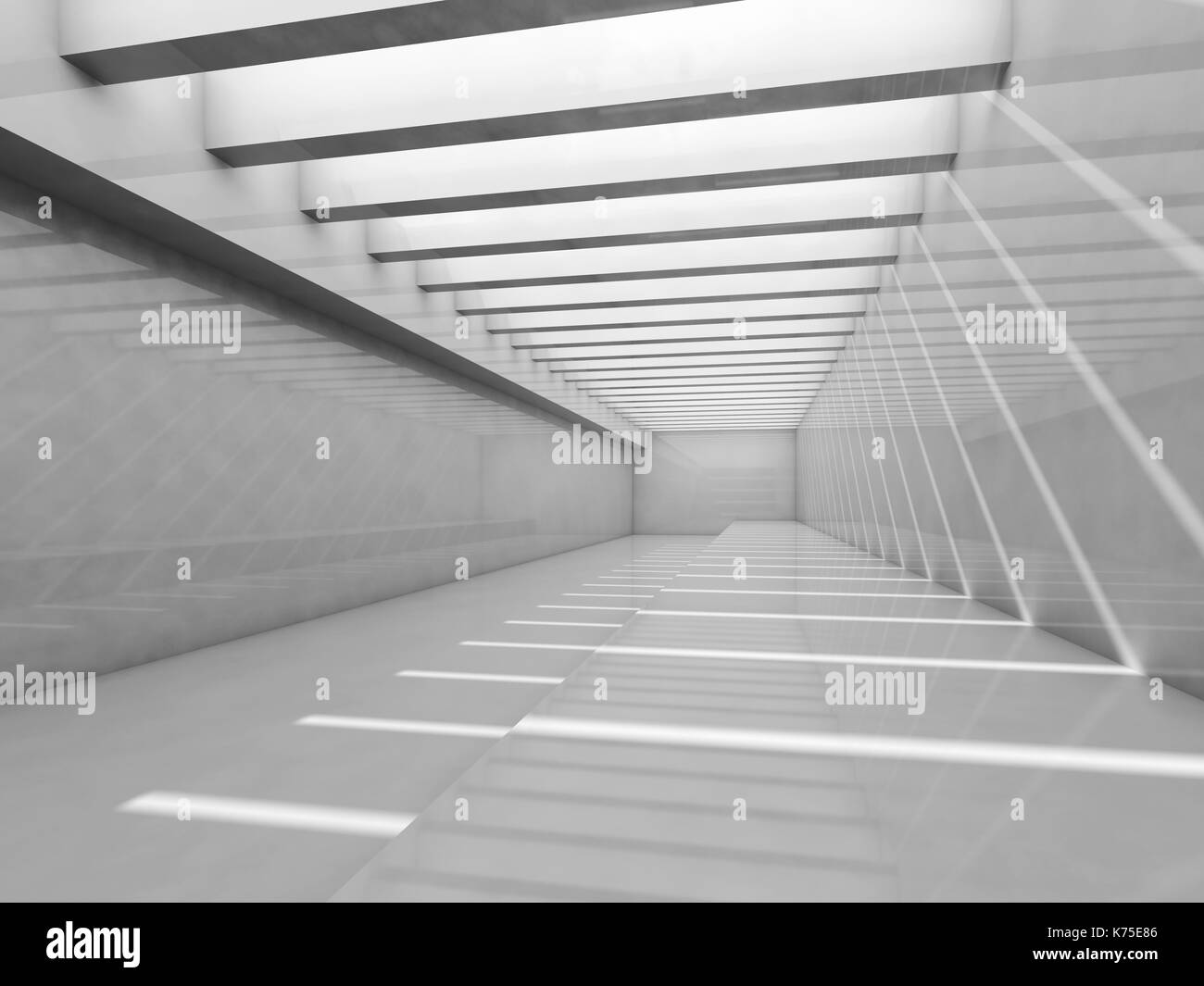 Résumé de l'intérieur blanc vide. chambre avec plafond en éclairant le motif à rayures et des faisceaux de lumière, l'arrière-plan 3d illustration Banque D'Images