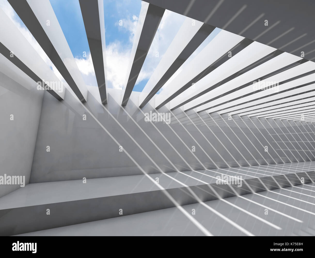 Résumé de l'intérieur d'une pièce vide avec l'éclairage de plafond et motif à rayures d'ombres et de rayons lumineux, l'arrière-plan 3d illustration Banque D'Images