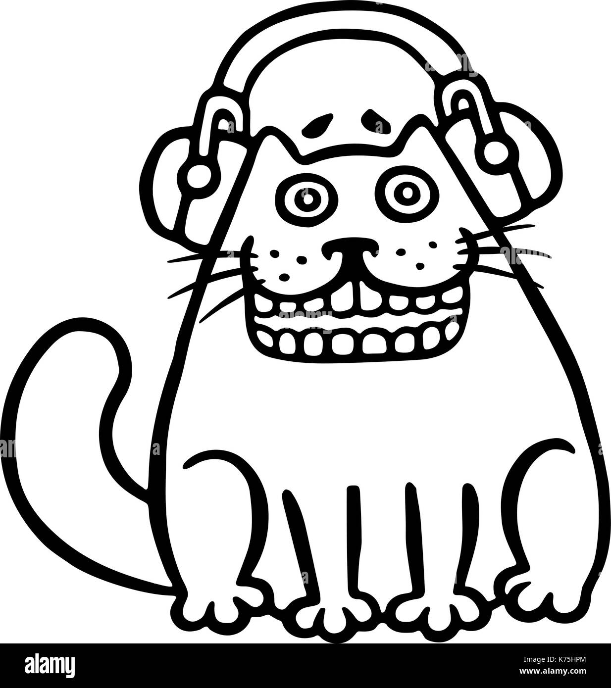 Chat mignon dans des écouteurs. funny cartoon cool. caractère freehand contour dessin numérique cat. blanc couleur arrière-plan. vector illustration isolé. Illustration de Vecteur