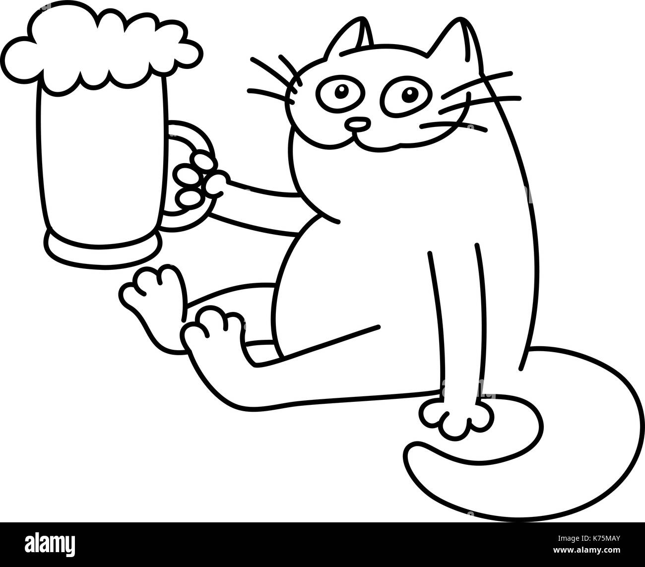 Chat avec une chope de bière. funny cartoon caractère. bonne soirée. noir et blanc. vector illustration isolé. Illustration de Vecteur