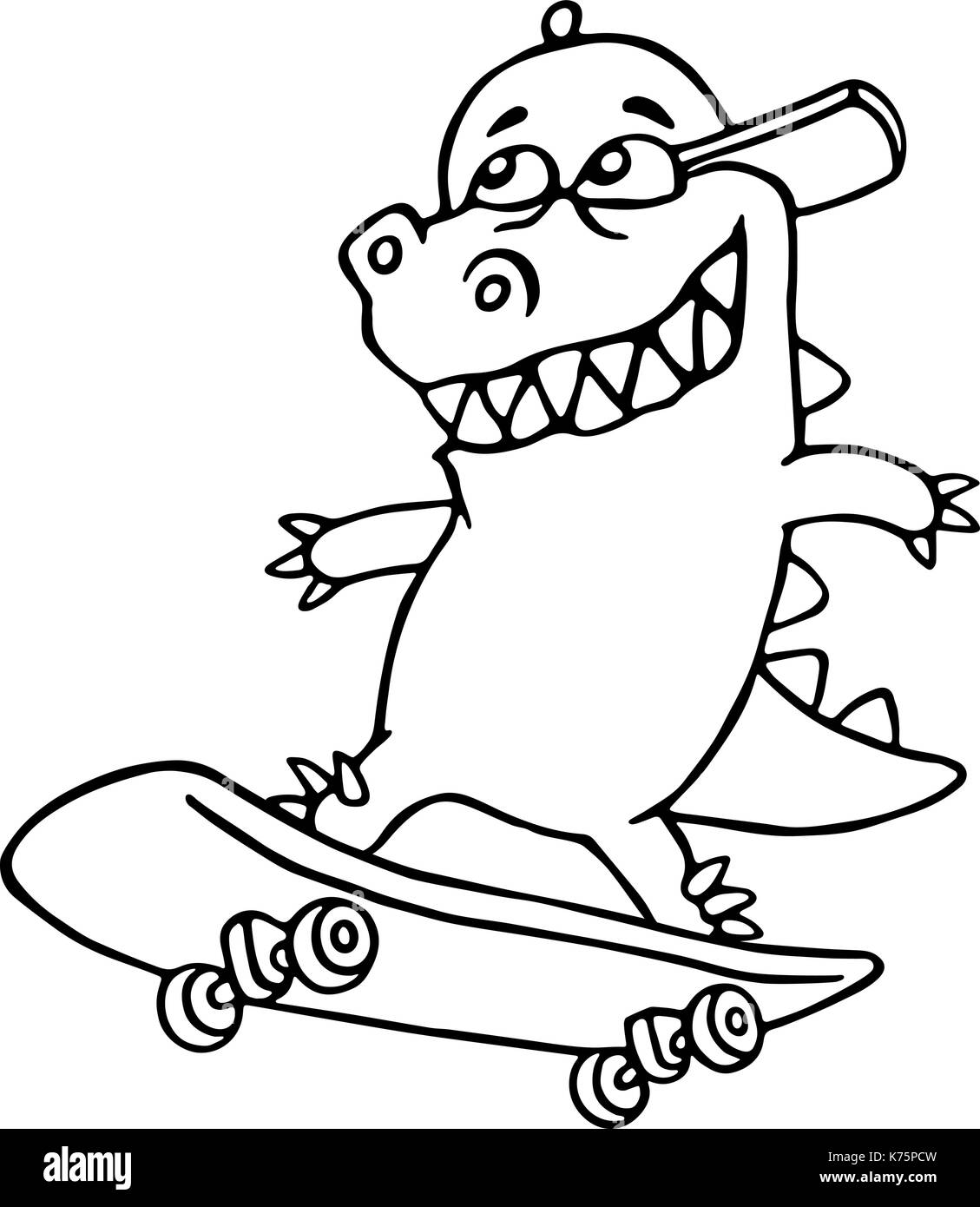 Drôle de dinosaure dans un bouchon sur une planche à roulettes. vector illustration. cartoon mignon petit personnage. Illustration de Vecteur