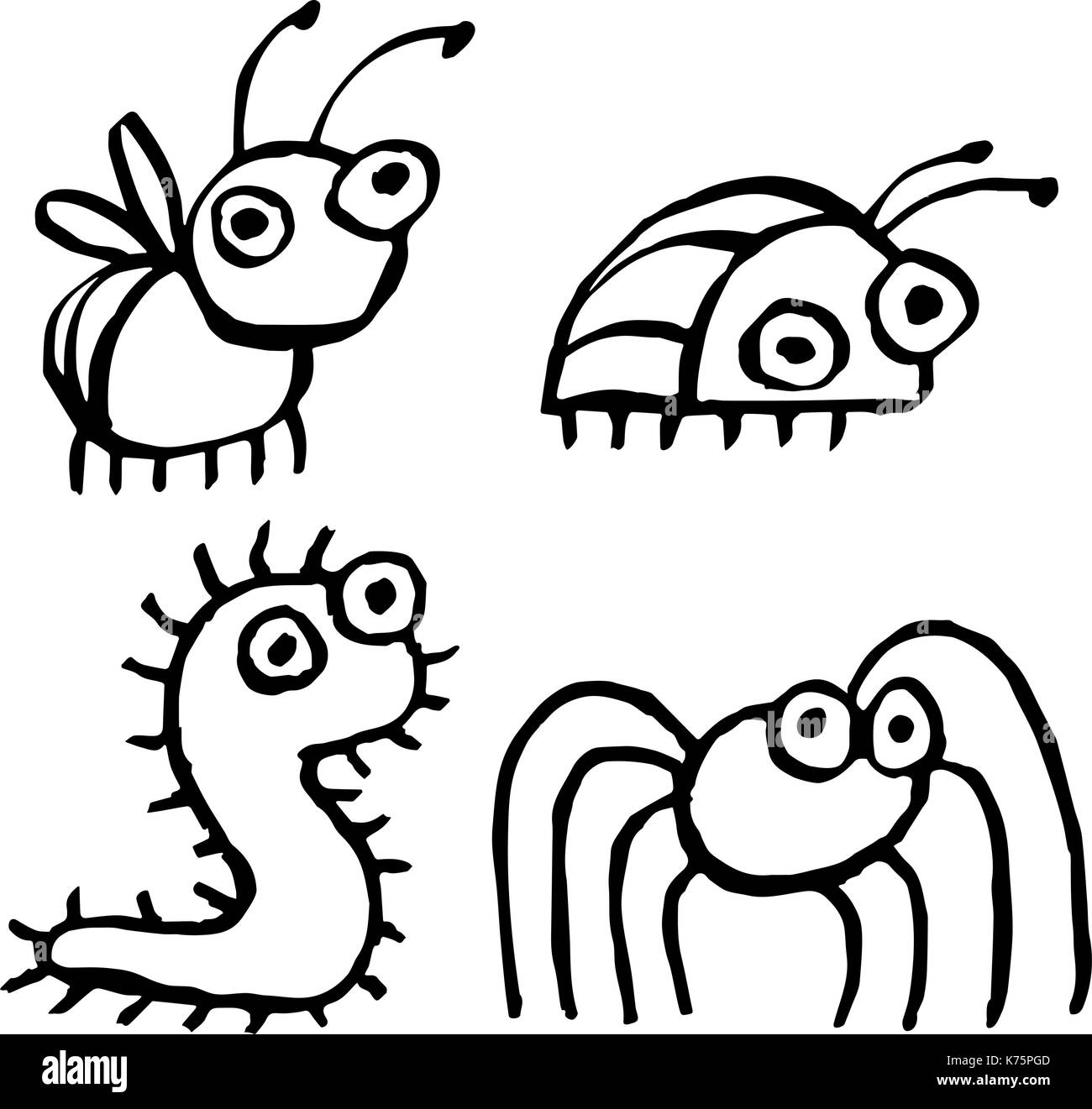 Funny cartoon insectes quelque part. vector illustration. contour dessin numérique à main levée. caractères mignon blanc couleur arrière-plan. Illustration de Vecteur