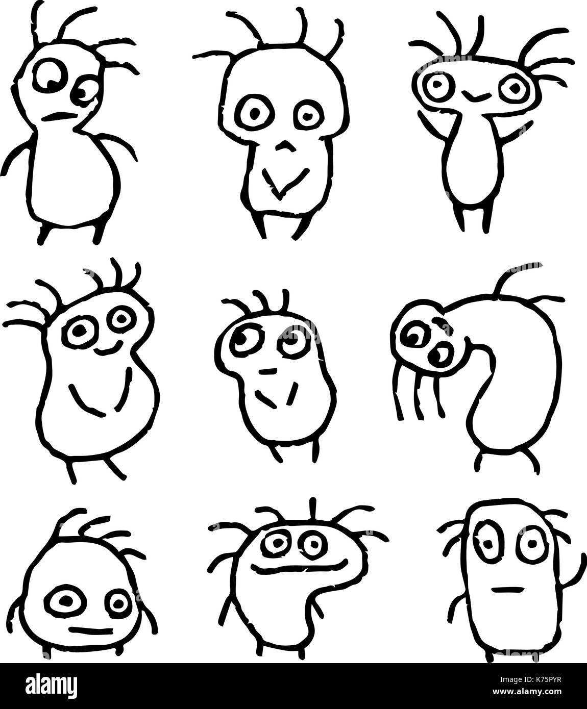 De drôles de choses dans différentes formes en noir blanc. vector illustration cartoon caractères isolés freehand dessin numérique définie. cheerful recueillir Illustration de Vecteur
