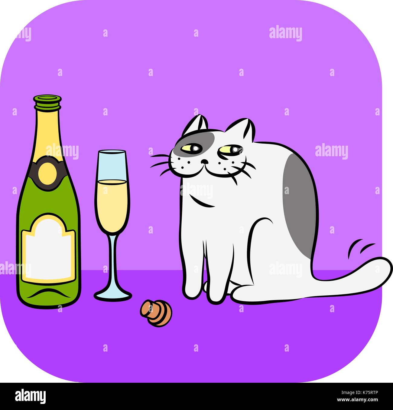Bouteille De Champagne Au Verre Et Chat Vector Illustration Drole De Personnage Animal Image Vectorielle Stock Alamy