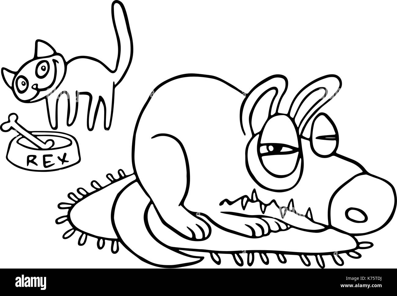 Le chat vole la nourriture tandis que le chien en colère dort. vector illustration isolé. meilleurs amis de personnages de dessins animés. Illustration de Vecteur