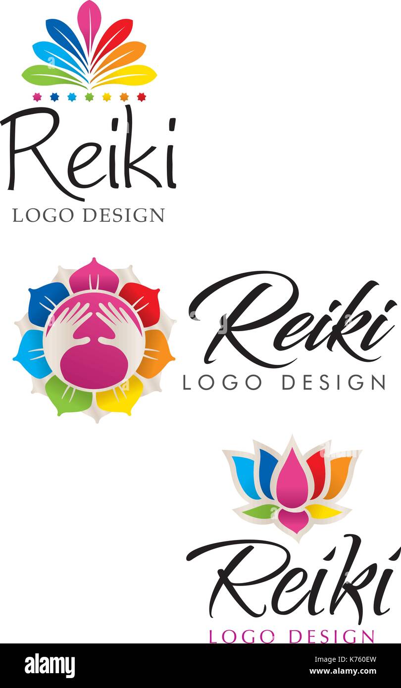 Trois différents logos reiki avec thème floral avec les couleurs des sept chakras - image vectorielle Illustration de Vecteur