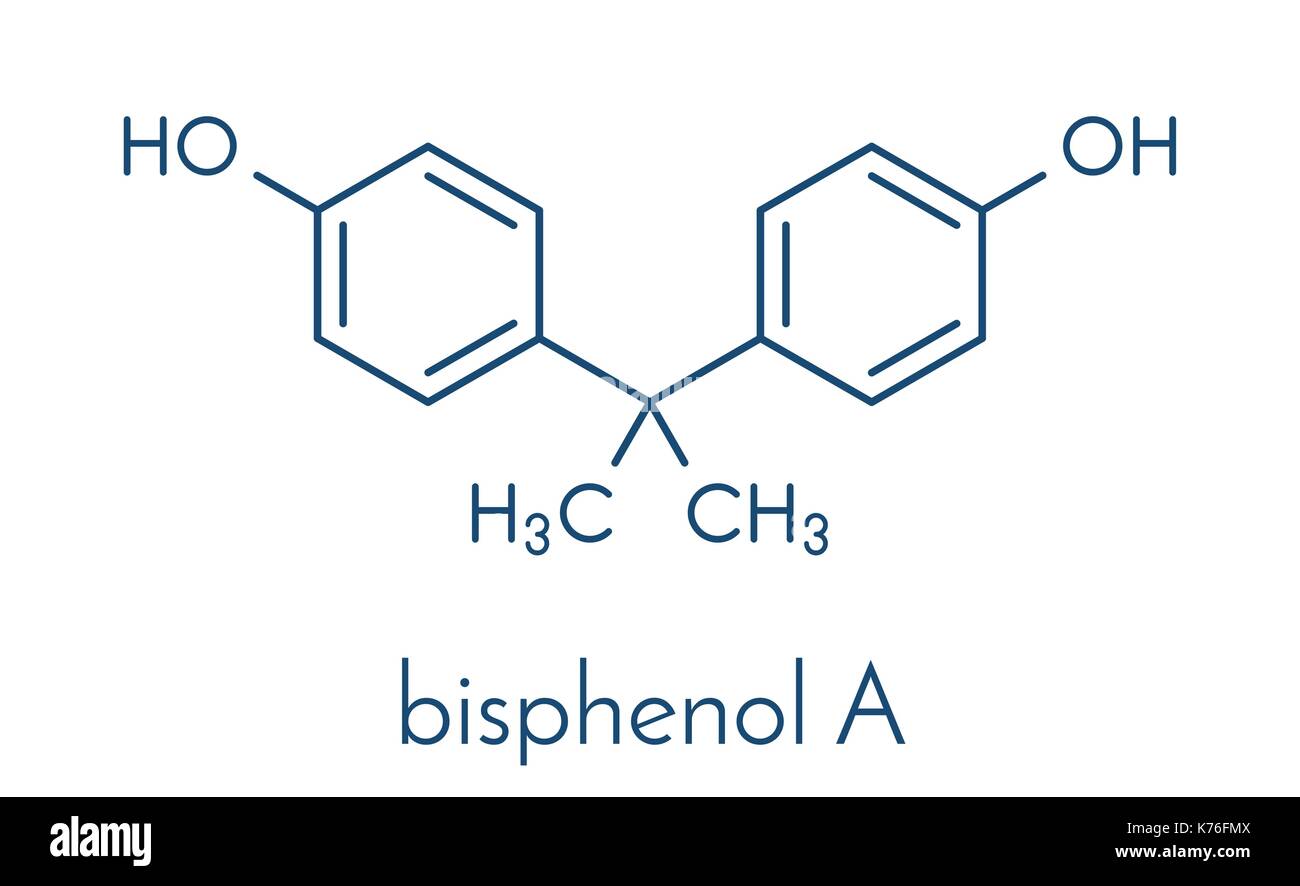 Le bisphénol A (BPA), molécule chimique polluant plastique. souvent présents dans les plastiques en polycarbonate, a l'oestrogène endocrinien. formule topologique. Illustration de Vecteur