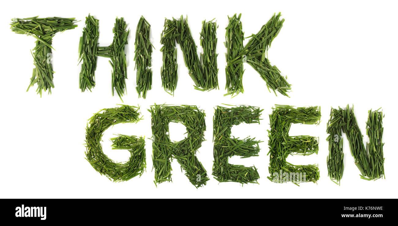 Think green Think green isolé. mot d'herbe sur un fond blanc. Banque D'Images