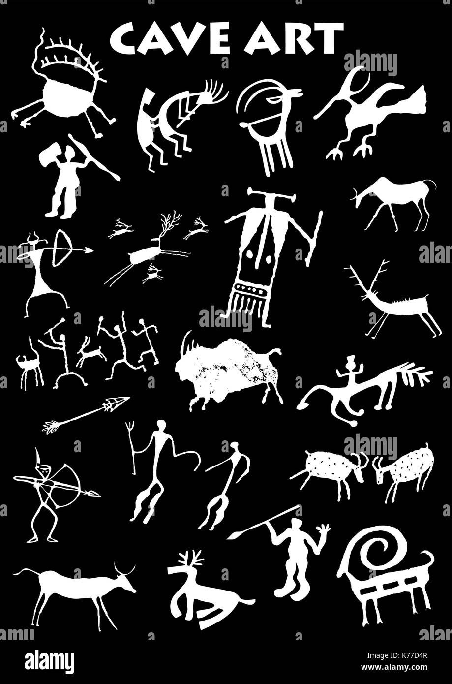 Ensemble de dessins abstraits d'art des cavernes en fond noir - image vectorielle Illustration de Vecteur Ensemble de dessins abstraits d'art des cavernes en fond noir - image vectorielle Illustration de Vecteur