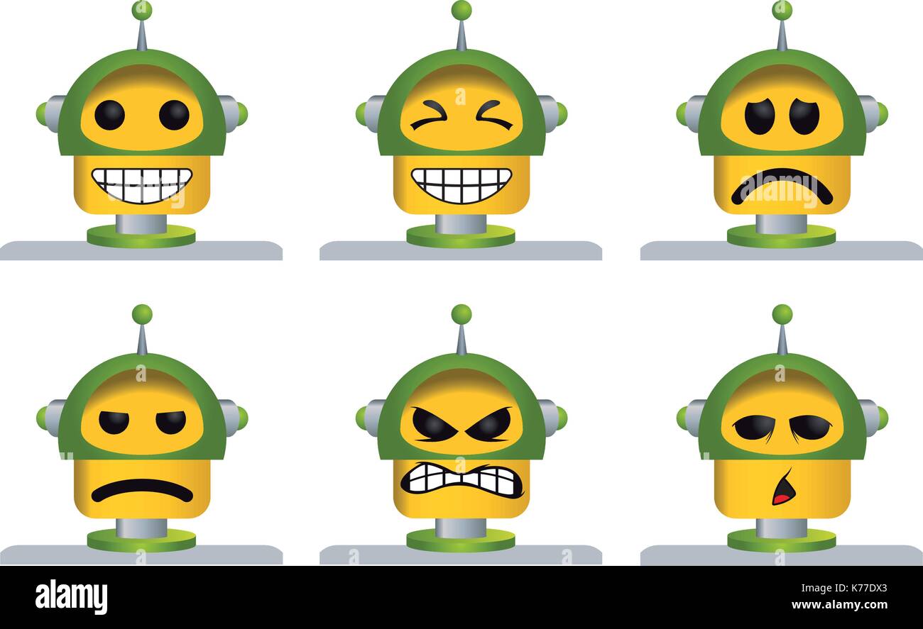 Ensemble de six faces robot jaune et vert, rire, triste, en colère, fatiguée, image vectorielle Illustration de Vecteur