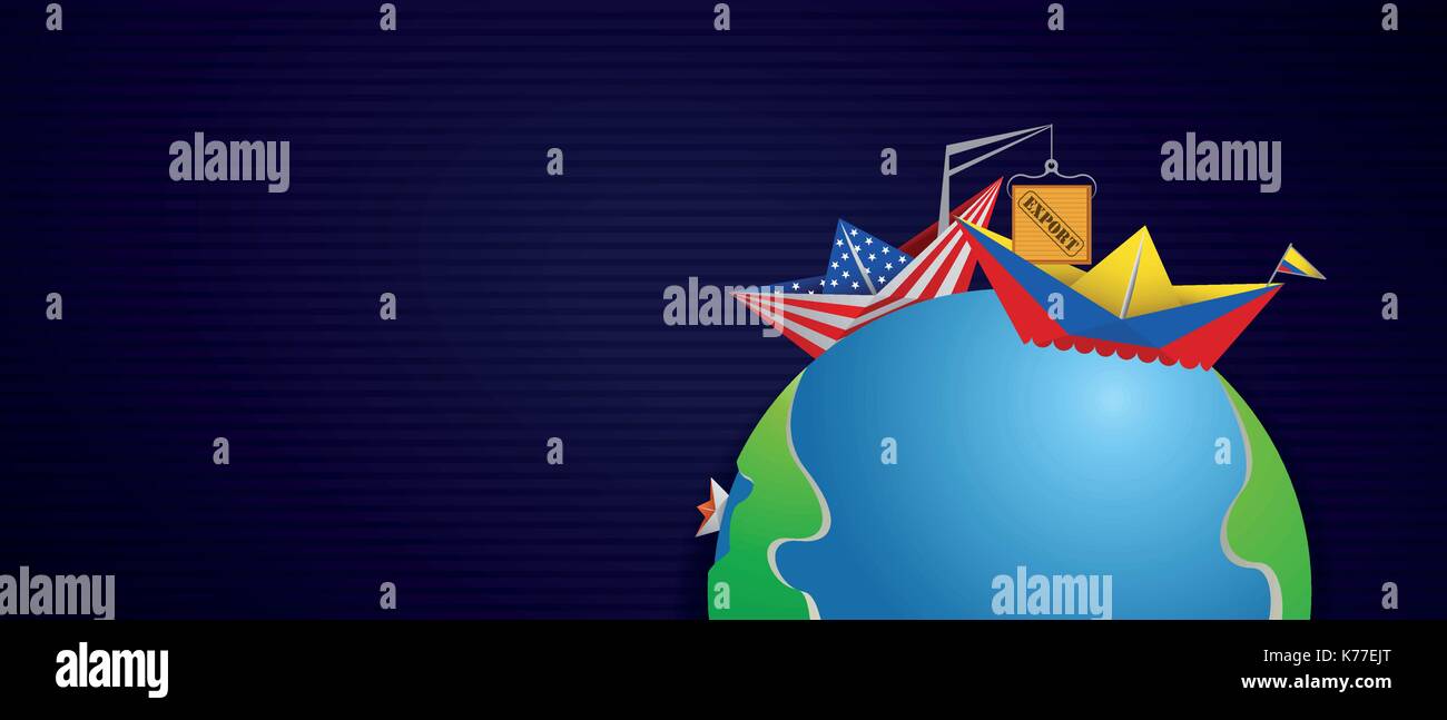 Illustration conceptuelle de l'échange commercial entre les Etats-Unis d'Amérique et la Colombie, bateaux en papier bordés du drapeau Illustration de Vecteur