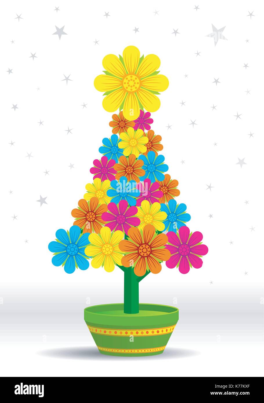 Arbre de Noël de fleurs de différentes couleurs dans un pot de fleurs vertes sur fond blanc avec des étoiles - image vectorielle Illustration de Vecteur