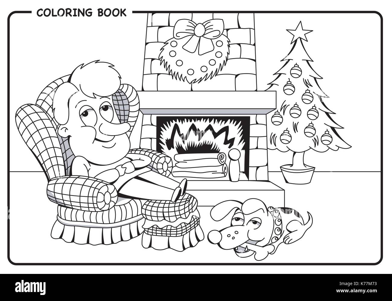 L'homme se reposant dans la salle de séjour avec son chien à côté de la cheminée à bois et l'arbre de Noël - Coloriage dessiner image vectorielle. Illustration de Vecteur