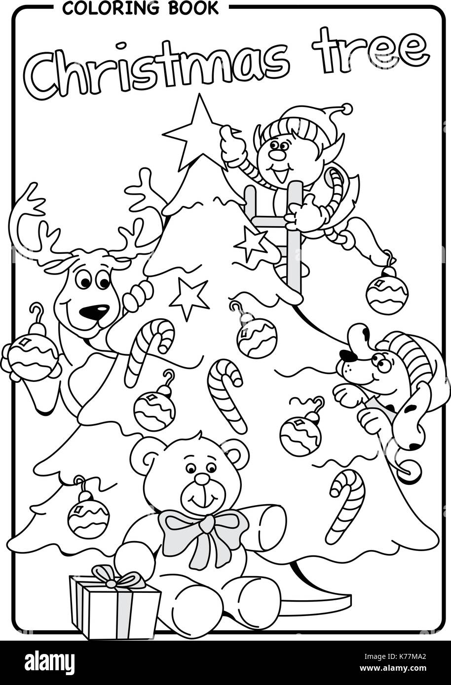 Elf, le renne et le chien décorer l'arbre de Noël avec des étoiles, des bulbes et des friandises - Coloriage dessiner image vectorielle. Illustration de Vecteur