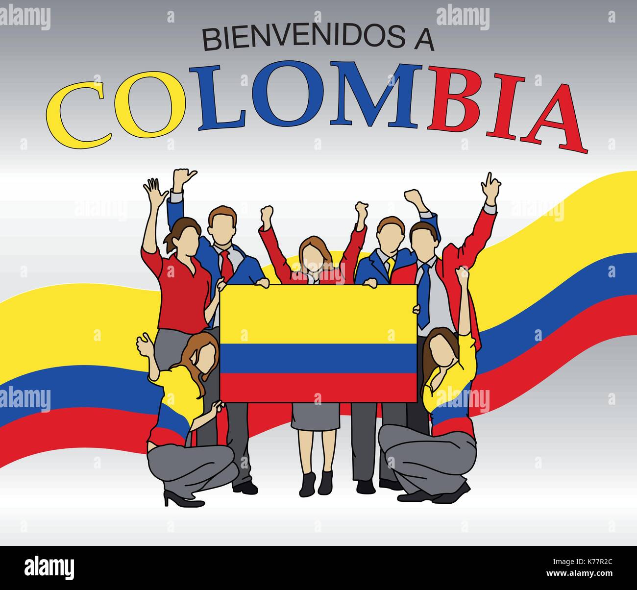 Bienvenue en Colombie en langue espagnole - Groupe de personnes vêtues des couleurs du drapeau colombien, agitant les mains et tenant le drapeau - Vector Illustration de Vecteur