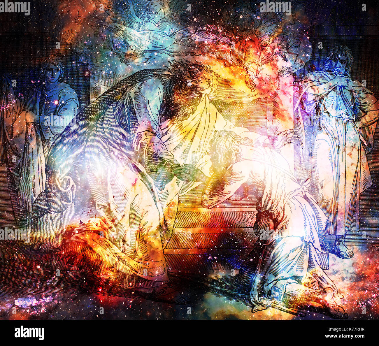 Retour du fils prodigue, graphique collage à partir de gravure d'nazareene l'école, publié dans la sainte bible, st.vojtech publishing, Trnava, Slovaquie, 1937. Banque D'Images