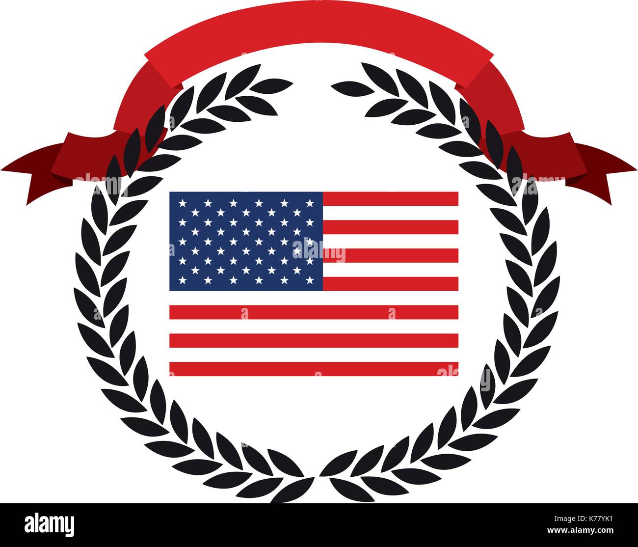 Drapeau des États-Unis à l'intérieur du cercle de branches d'olive noir avec ruban rouge sur le dessus Illustration de Vecteur