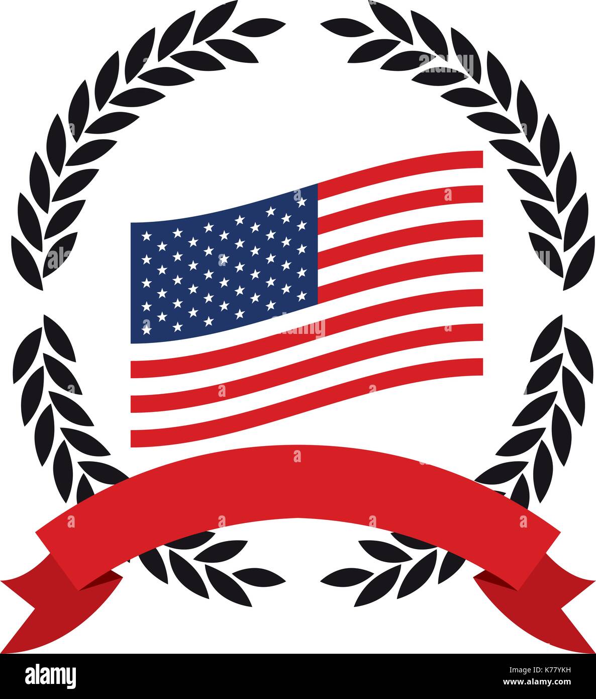 Drapeau des États-Unis à l'intérieur du cercle de branches d'olive noire et ruban rouge bas Illustration de Vecteur