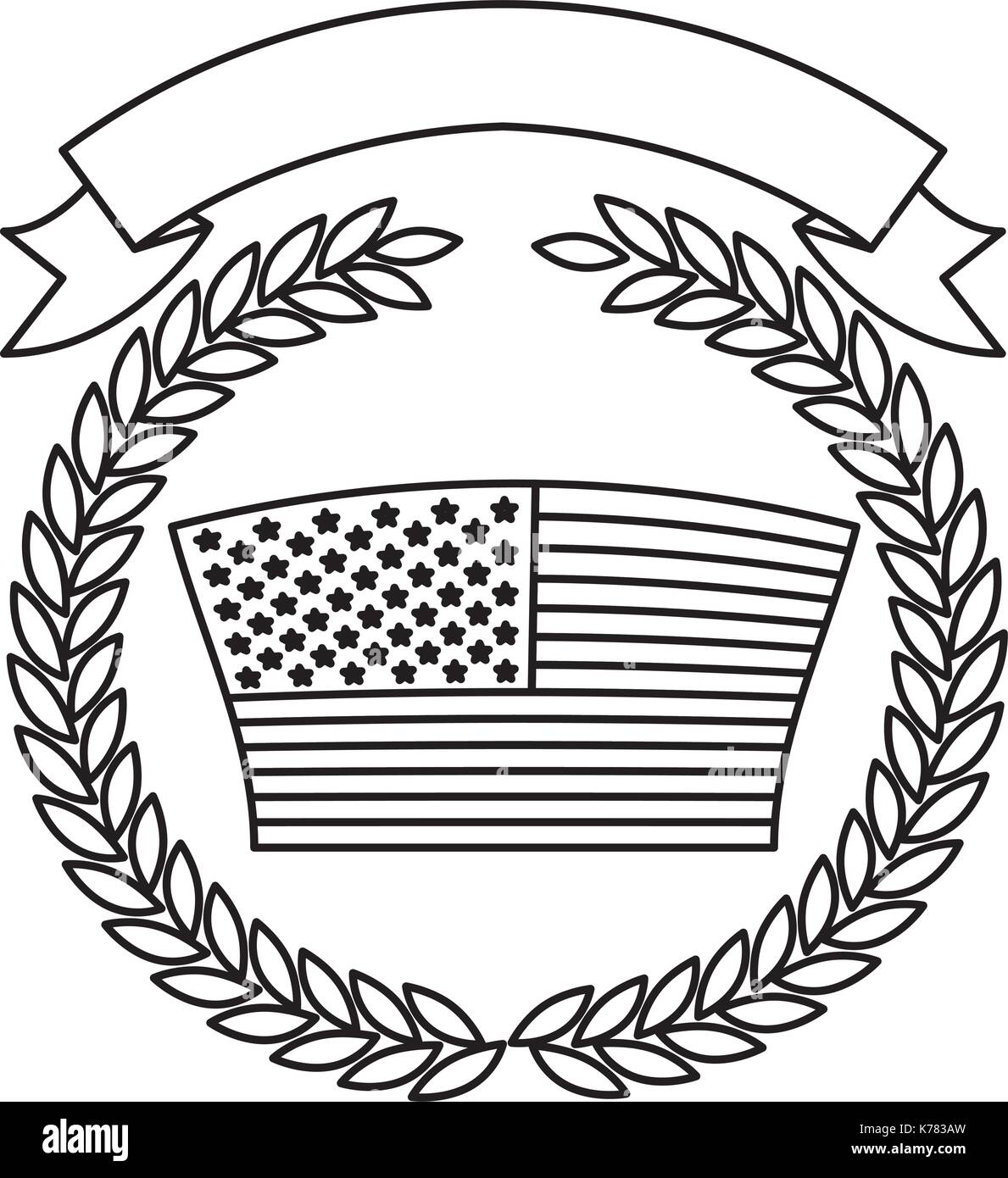 Drapeau des États-Unis à l'intérieur de la couronne de branches d'oliviers avec le ruban sur le dessus en silhouette monochrome Illustration de Vecteur