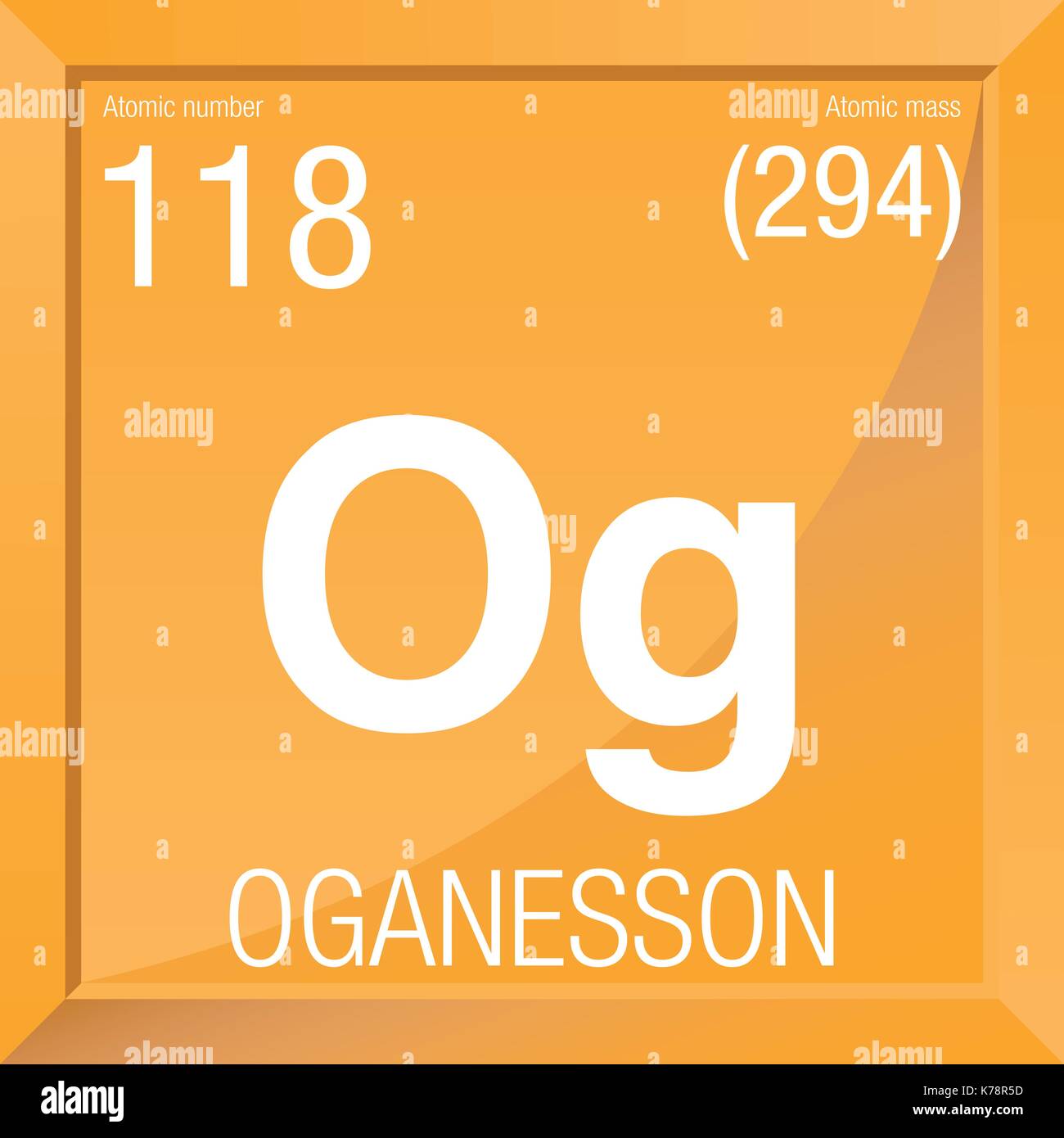 Oganesson symbole. L'élément numéro 118 du tableau périodique des éléments - Chimie - Cadre carré à fond jaune Illustration de Vecteur