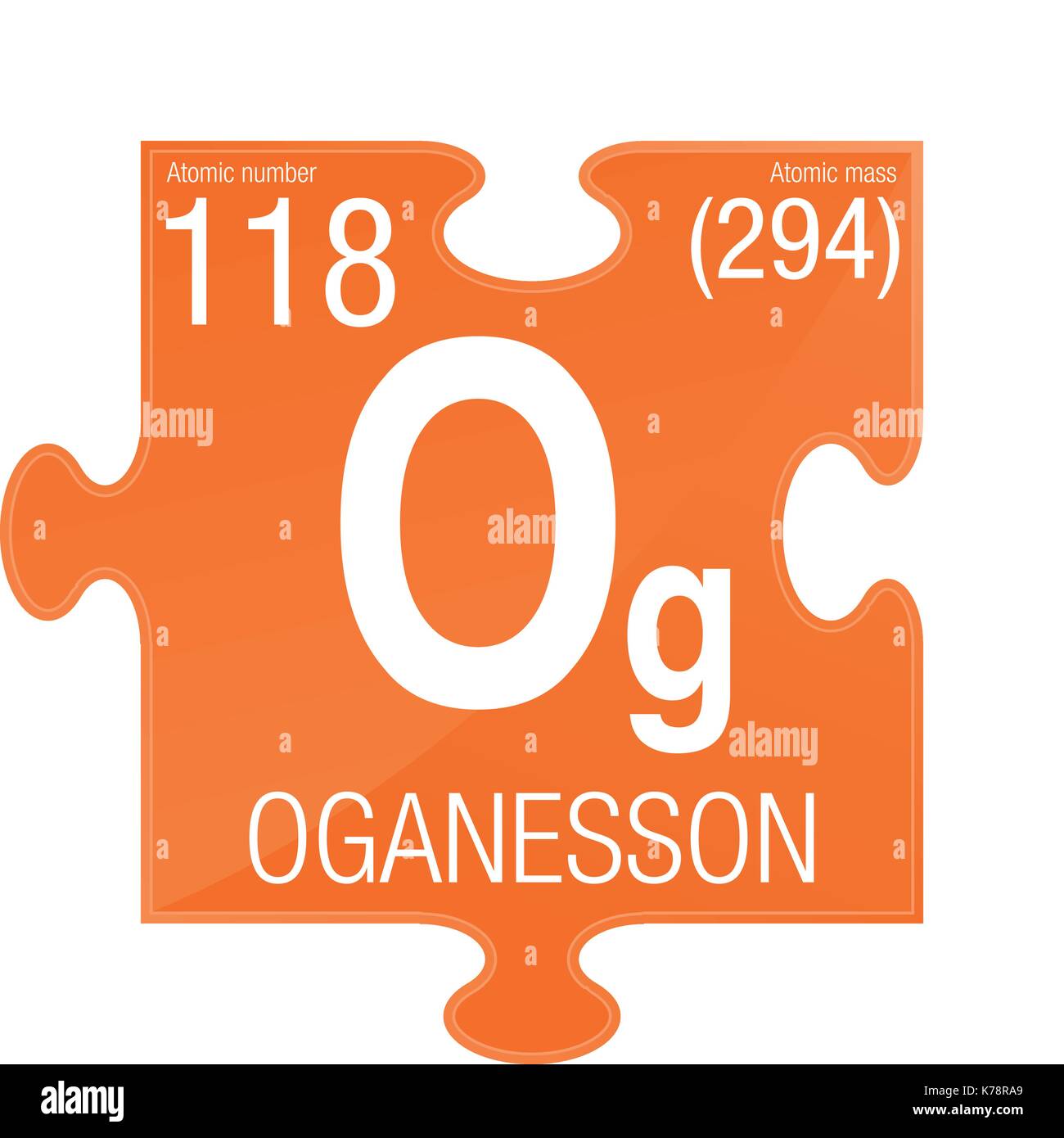 Oganesson symbole. L'élément numéro 118 du tableau périodique des éléments - Chimie - morceau de puzzle avec fond orange Illustration de Vecteur