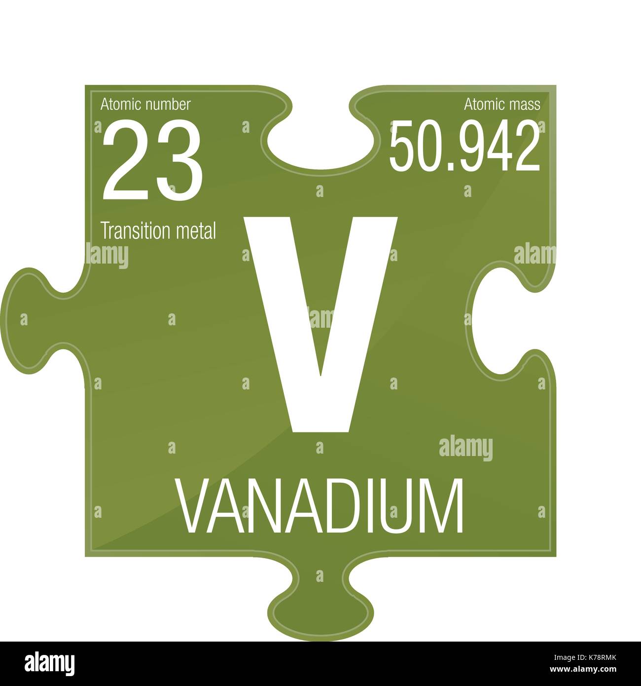 Symbole de vanadium. Numéro de l'élément 23 du tableau périodique des éléments - Chimie - morceau de puzzle avec un fond vert Illustration de Vecteur