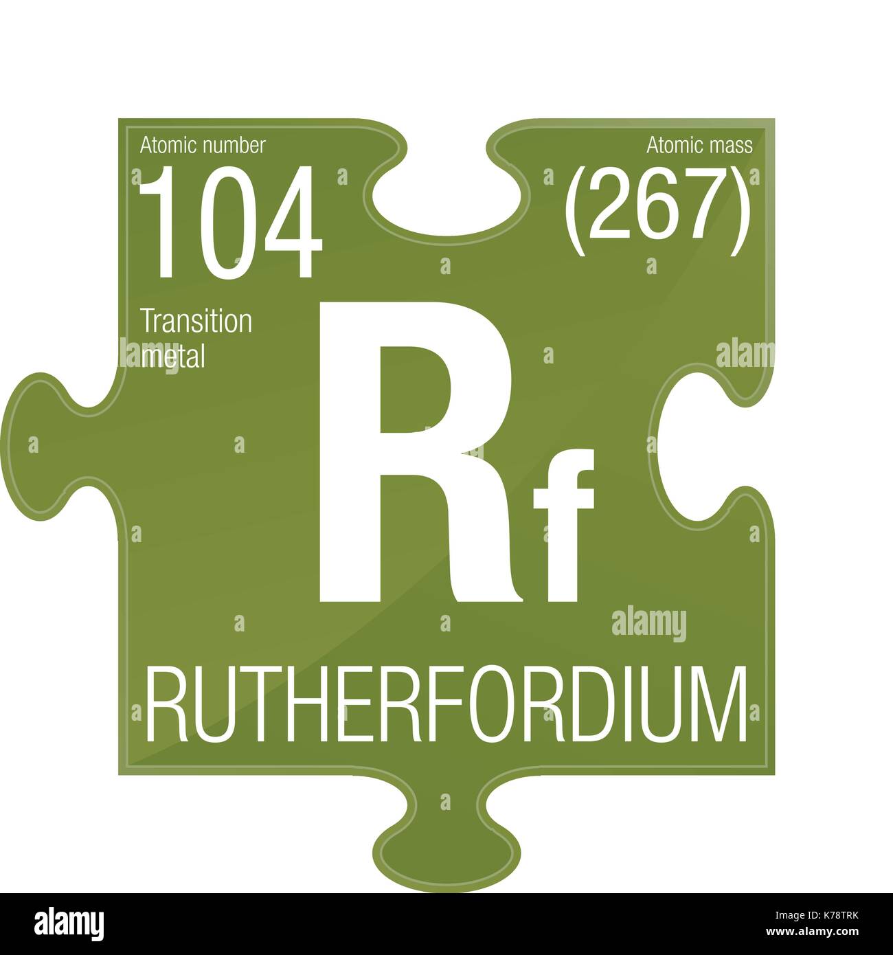 Le rutherfordium symbole. L'élément numéro 104 du tableau périodique des éléments - Chimie - morceau de puzzle avec un fond vert Illustration de Vecteur